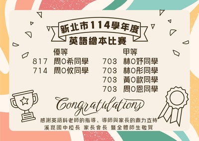 新北市114學年度英語繪本比賽得獎名單