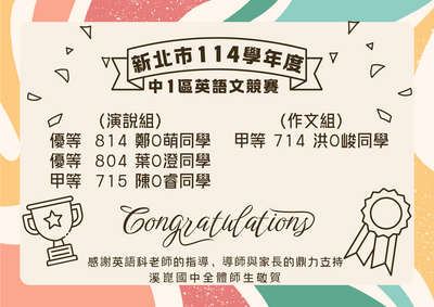 新北市114學年中1區英語文競賽得獎名單